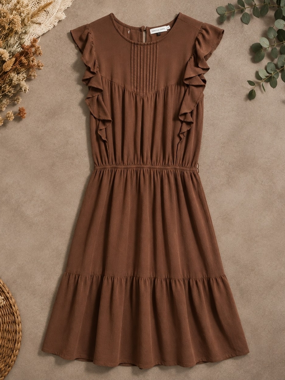 Gentle Fawn Rust Brown Ruffle Midi Dress Size M Boho 22" PTP